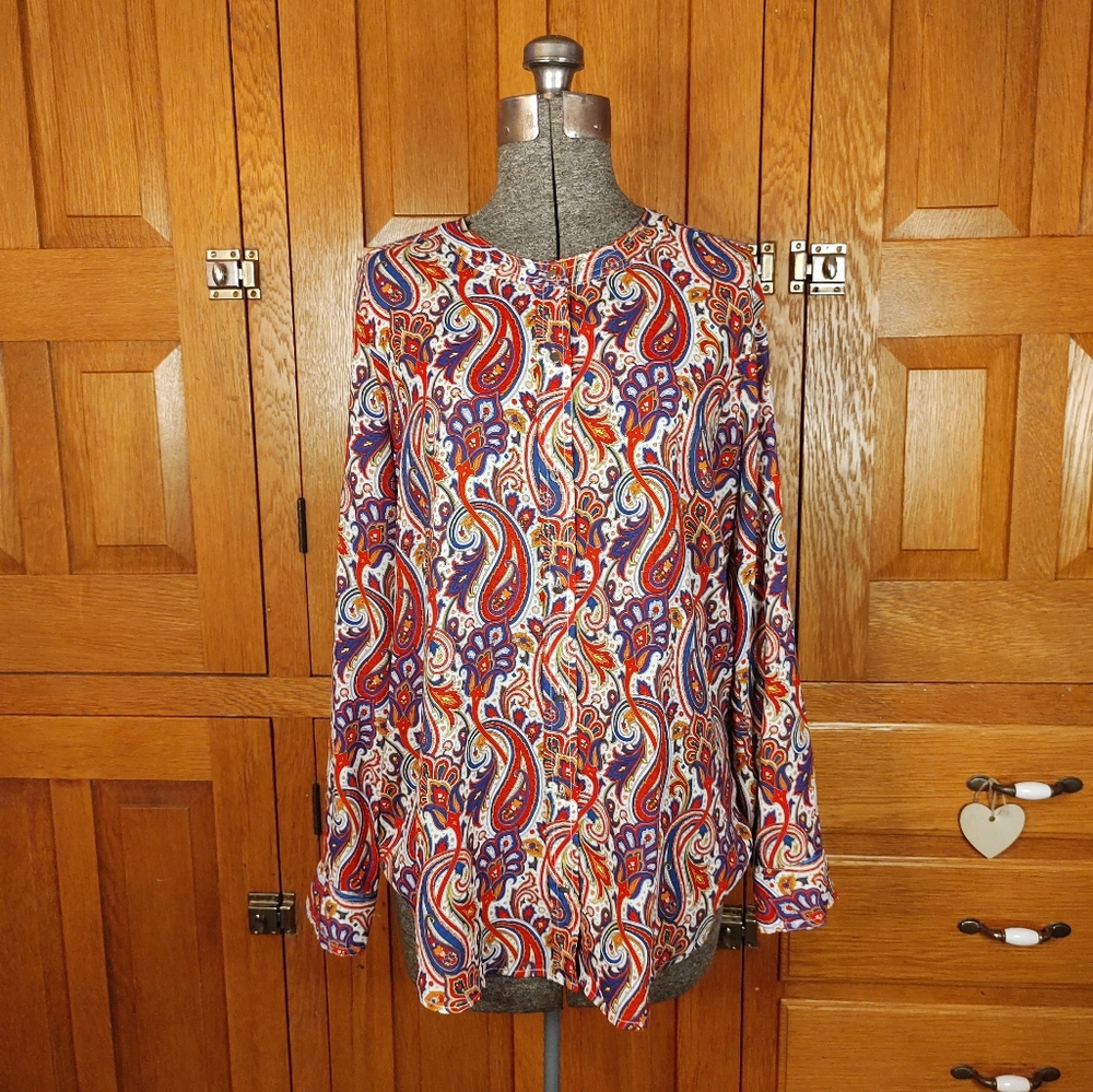 Liz Claiborne colorful retro paisley print lightweight long sleeve flowy blouse